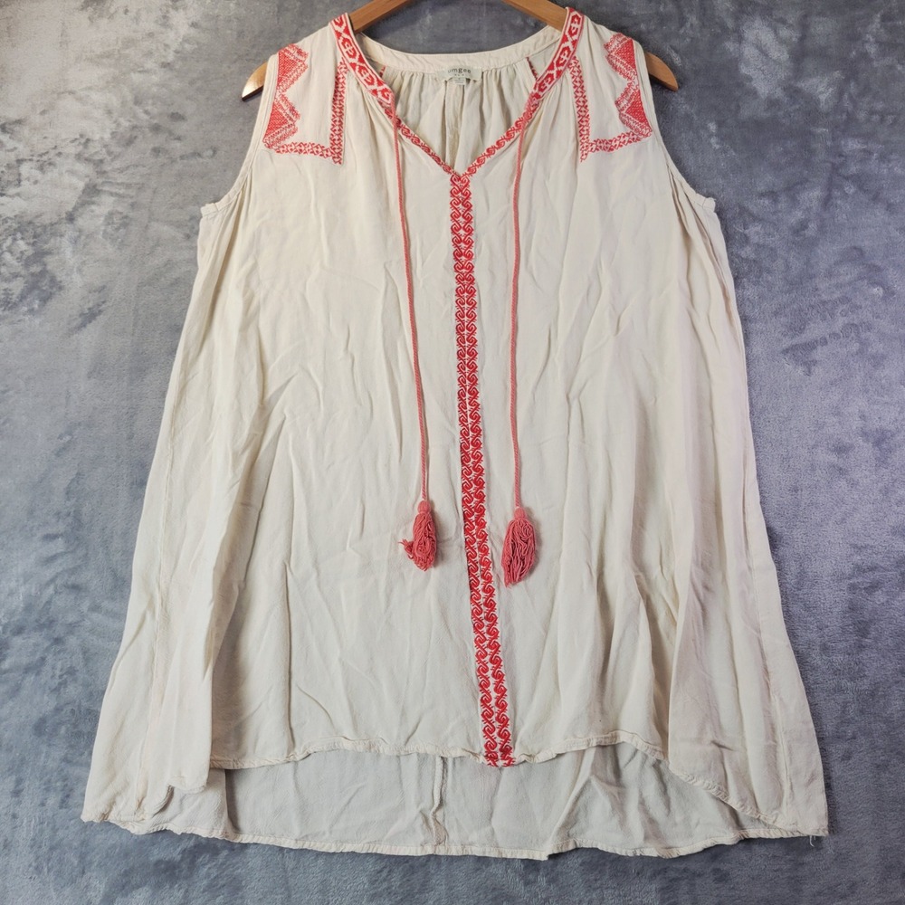 Umgee Womens S Cream Red Embroidered Tassel Boho High Low Tunic Top